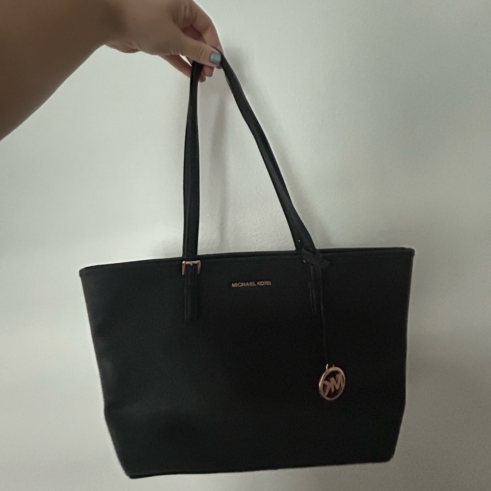 Michael Kors Black Saffiano Leather Tote with Gold Logo Charm